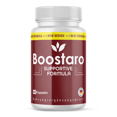 Kunststoffdose mit bordeauxfarbenem Etikett und Schrift Boostaro Supportive Formula, 60 Kapseln